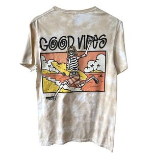 Call Your Mother Good Vibes Skeleton Surfer Graphic‎ T-Shirt Tie Dye Beige M